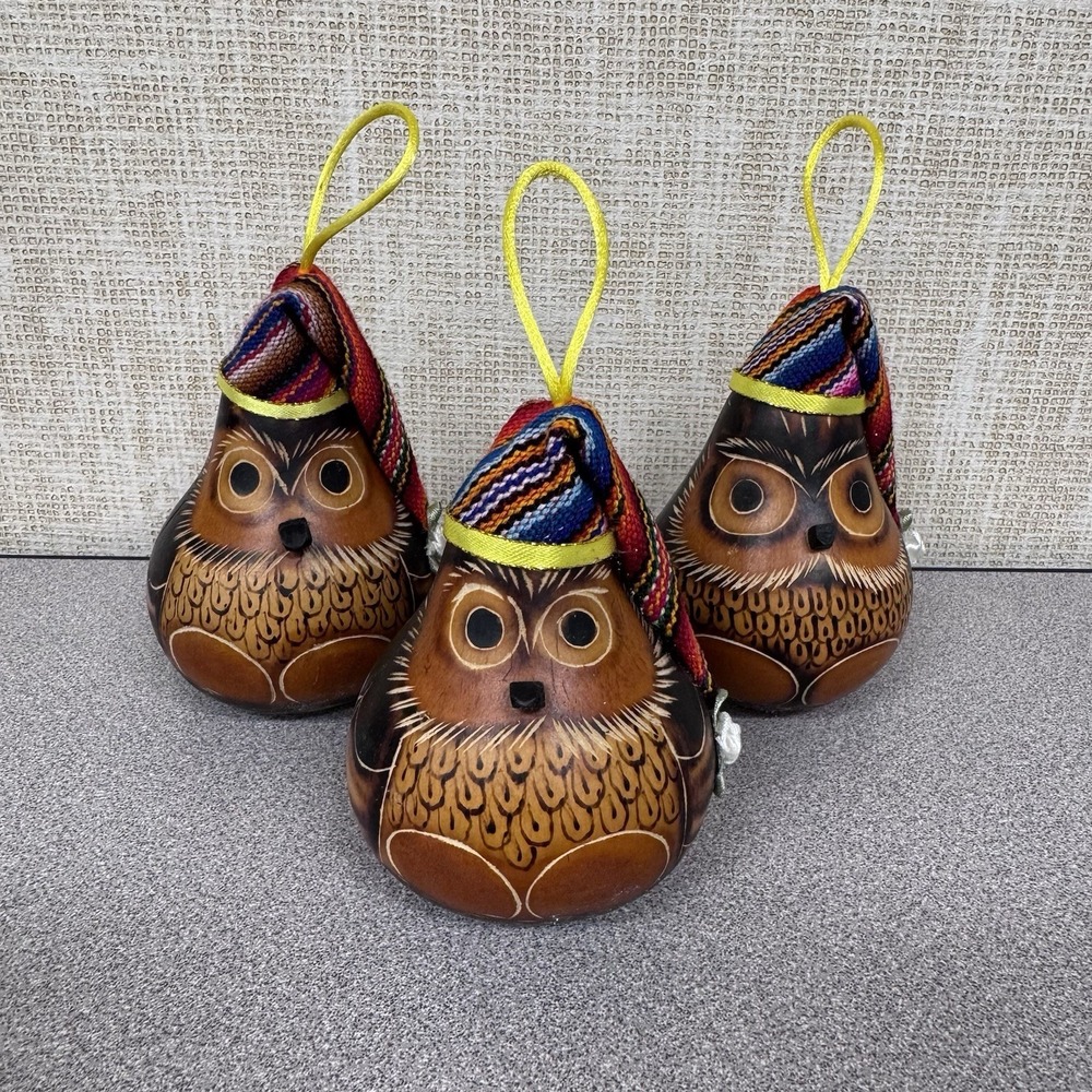 Set Of 3 Handmade Etched Peruvian Gourd Owl Christmas Ornaments